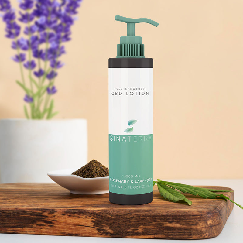 CBD lotion on a wooden cutting board. Soothing and natural skincare product showcased on a lavender plant at background.